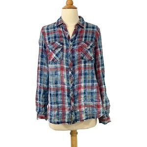 Ryan Michael Women's Plaid Blouse Snap Front and Back Roll Tab Sleeves Indigo S